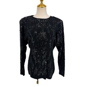 Linda Allard for Ellen Tracy Sweater Womens Large Black Sequin Lambswool Angora